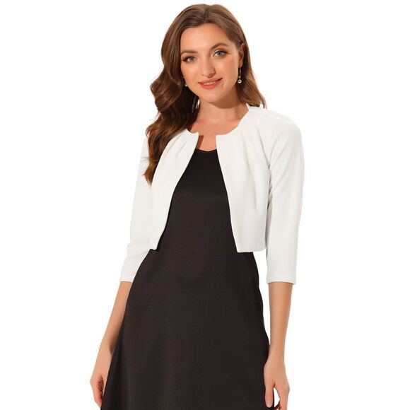 3/4 Sleeve Shrug Top Collarless Pleated Open Front Cropped Cardigan White - Picture 1 of 6